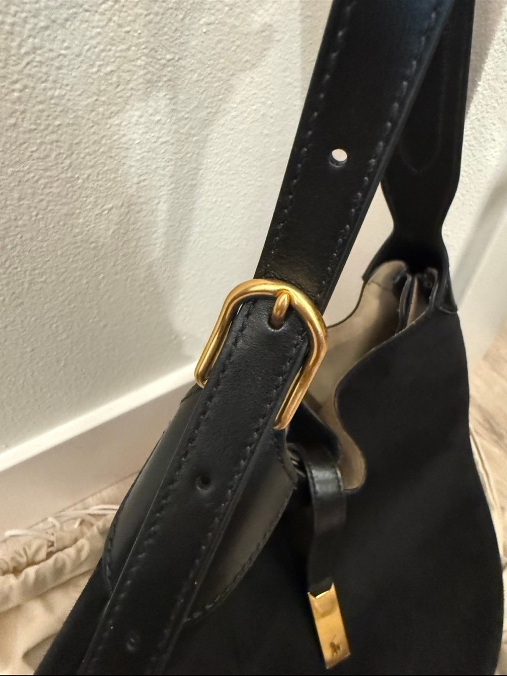 Polo by Ralph Lauren Black Suede Large Shoulder Bag with Gold Hardware - Picture 5 of 7